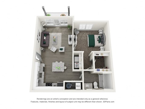Floor plan for 1 bed, 1 bath, 675 sqft